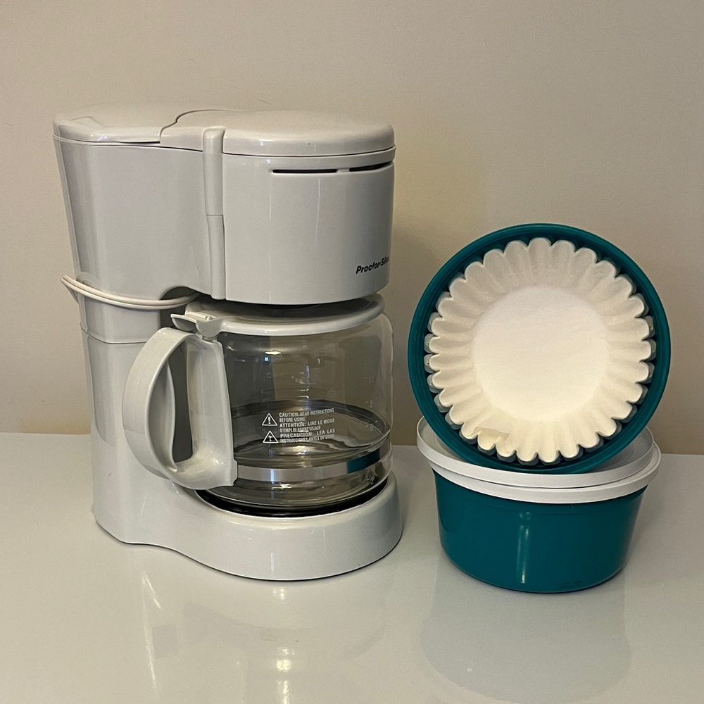 Proctor Silex Coffee Maker 12-Cup with Stack of Paper Filters White Percolating